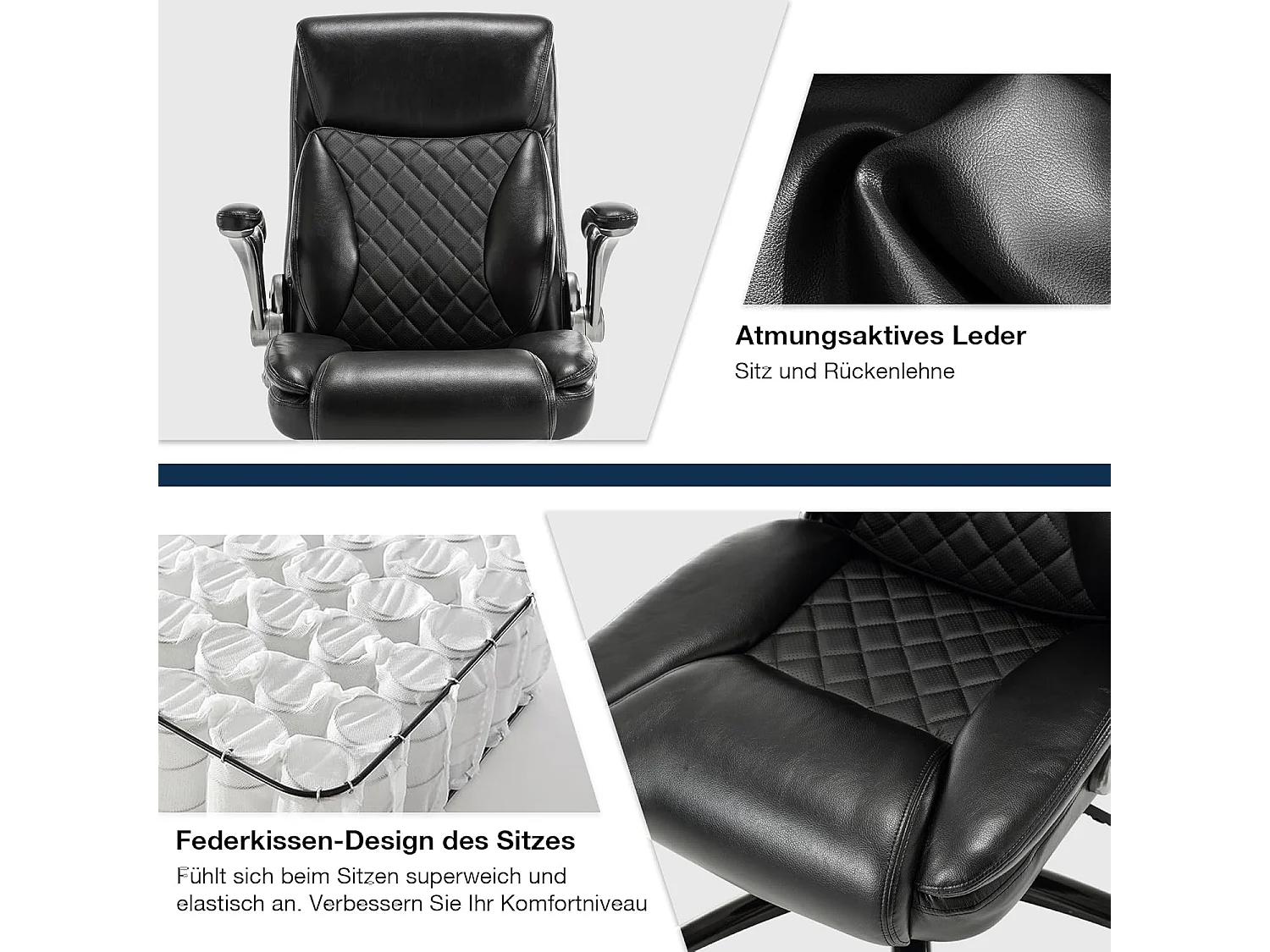 Draaibare bureaustoel, ergonomisch design, PU-leer, hoge rugleuning, opklapbare armleuningen, zwart (49x58x120 cm), draagvermogen 200 kg