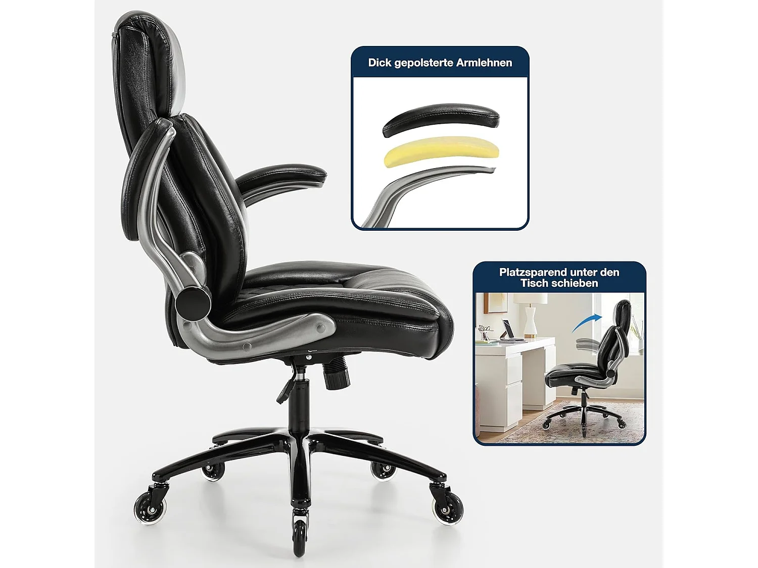 Draaibare bureaustoel, ergonomisch design, PU-leer, hoge rugleuning, opklapbare armleuningen, zwart (49x58x120 cm), draagvermogen 200 kg