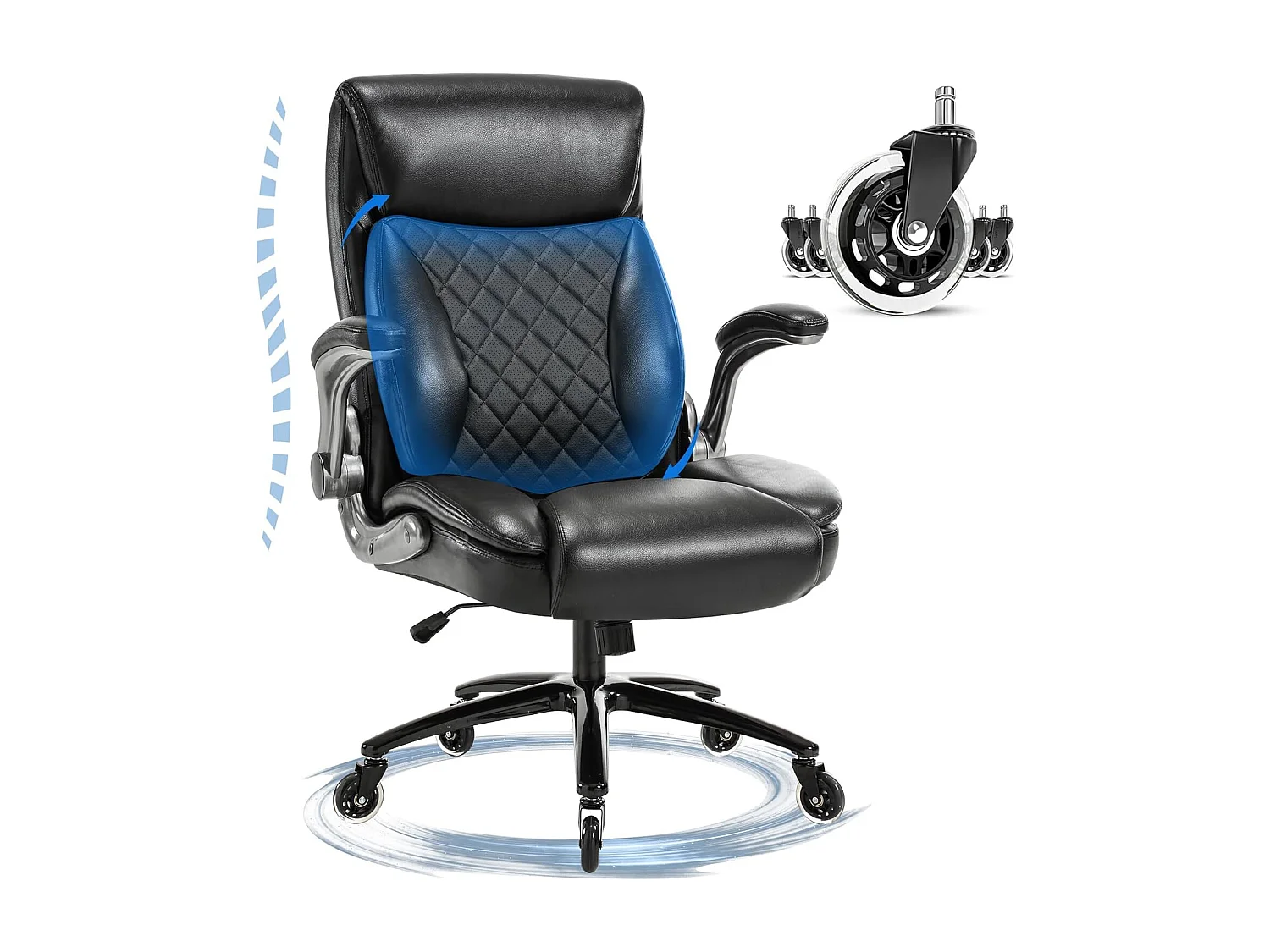 Chaise de Bureau Pivotante, Design Ergonomique, Cuir PU, Haut Dossier, Accoudoirs Rabattables, Noir (49x58x120 cm), Capacité 200kg