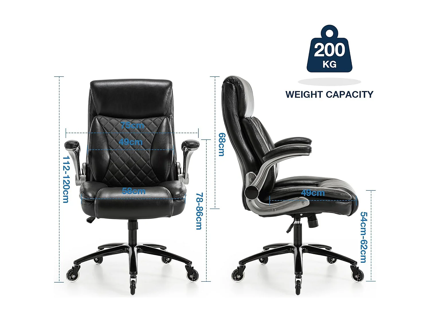 Chaise de Bureau Pivotante, Design Ergonomique, Cuir PU, Haut Dossier, Accoudoirs Rabattables, Noir (49x58x120 cm), Capacité 200kg