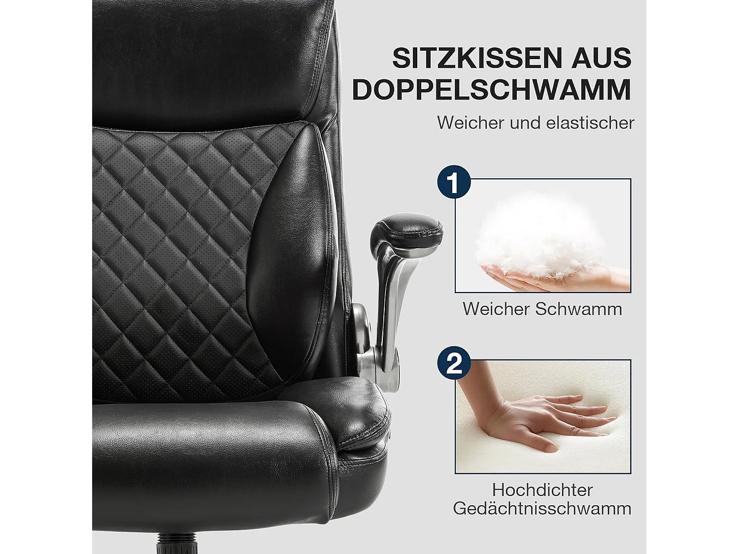 Chaise de Bureau Pivotante, Design Ergonomique, Cuir PU, Haut Dossier, Accoudoirs Rabattables, Noir (49x58x120 cm), Capacité 200kg