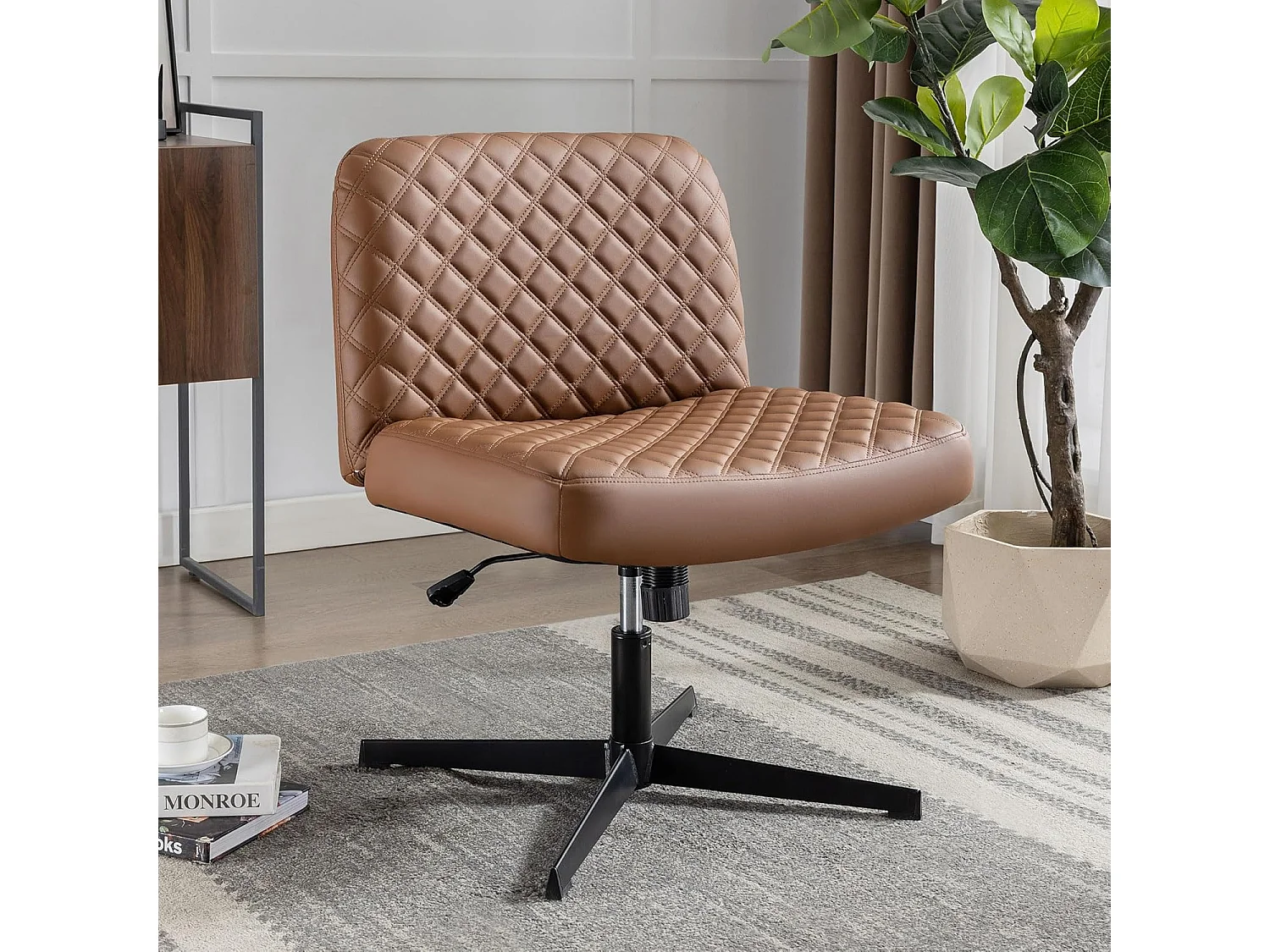 Bureaustoel zonder armleuningen, met metalen onderstel, brede en ergonomische zitting, beige PU, (Afmetingen: 49 x 64 x 84 cm)