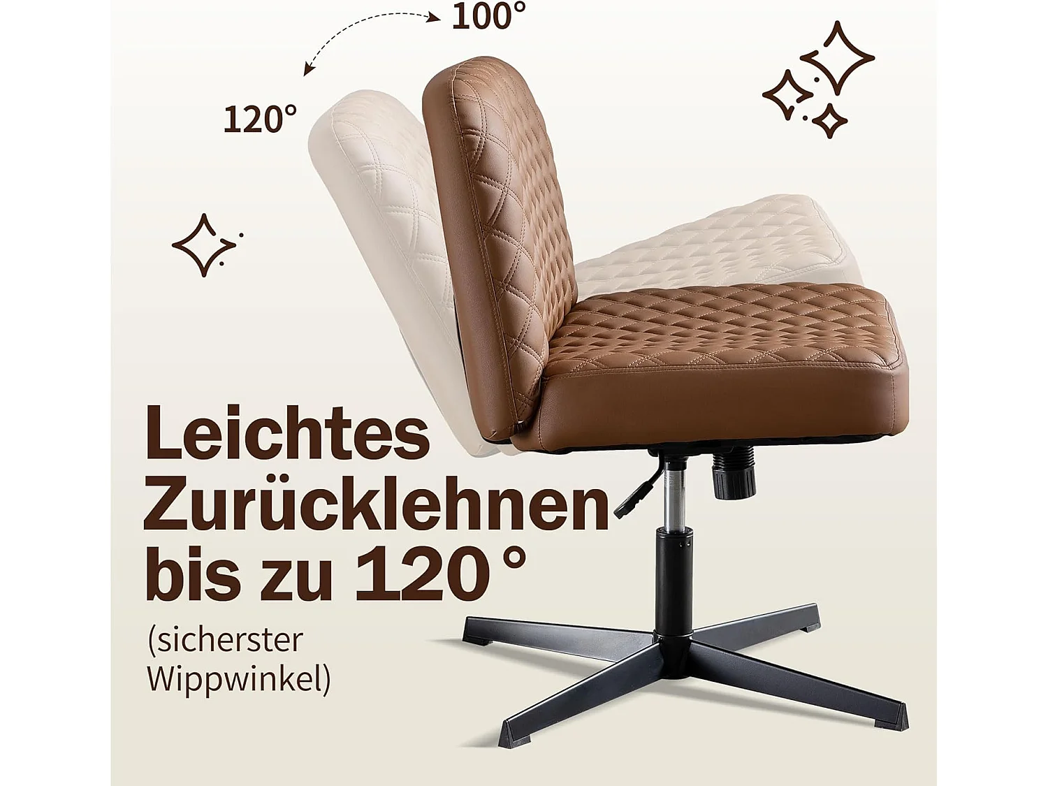 Bureaustoel zonder armleuningen, met metalen onderstel, brede en ergonomische zitting, beige PU, (Afmetingen: 49 x 64 x 84 cm)
