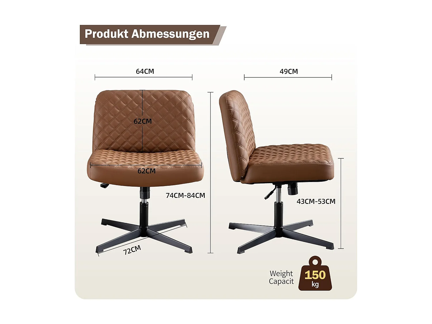 Bureaustoel zonder armleuningen, met metalen onderstel, brede en ergonomische zitting, beige PU, (Afmetingen: 49 x 64 x 84 cm)