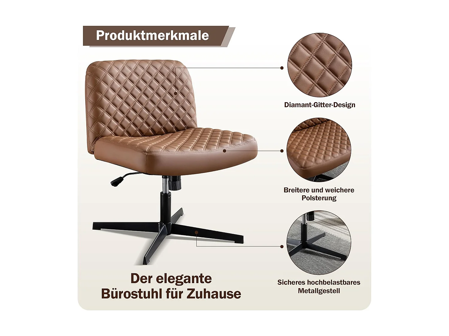 Bureaustoel zonder armleuningen, met metalen onderstel, brede en ergonomische zitting, beige PU, (Afmetingen: 49 x 64 x 84 cm)