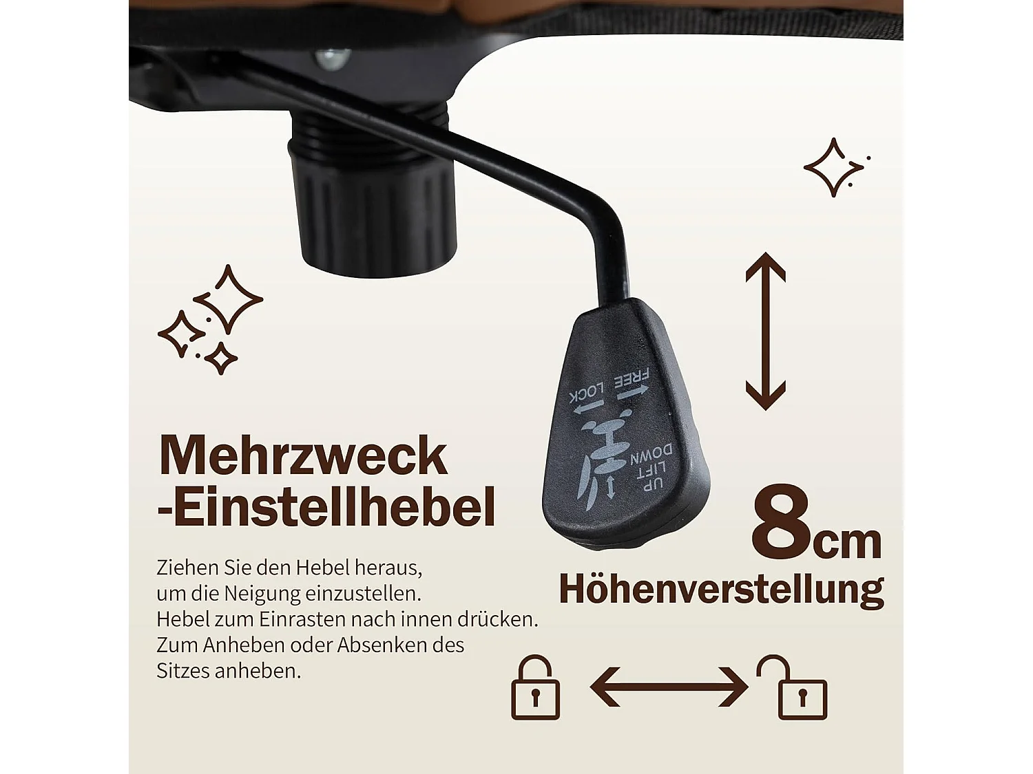 Bureaustoel zonder armleuningen, met metalen onderstel, brede en ergonomische zitting, beige PU, (Afmetingen: 49 x 64 x 84 cm)