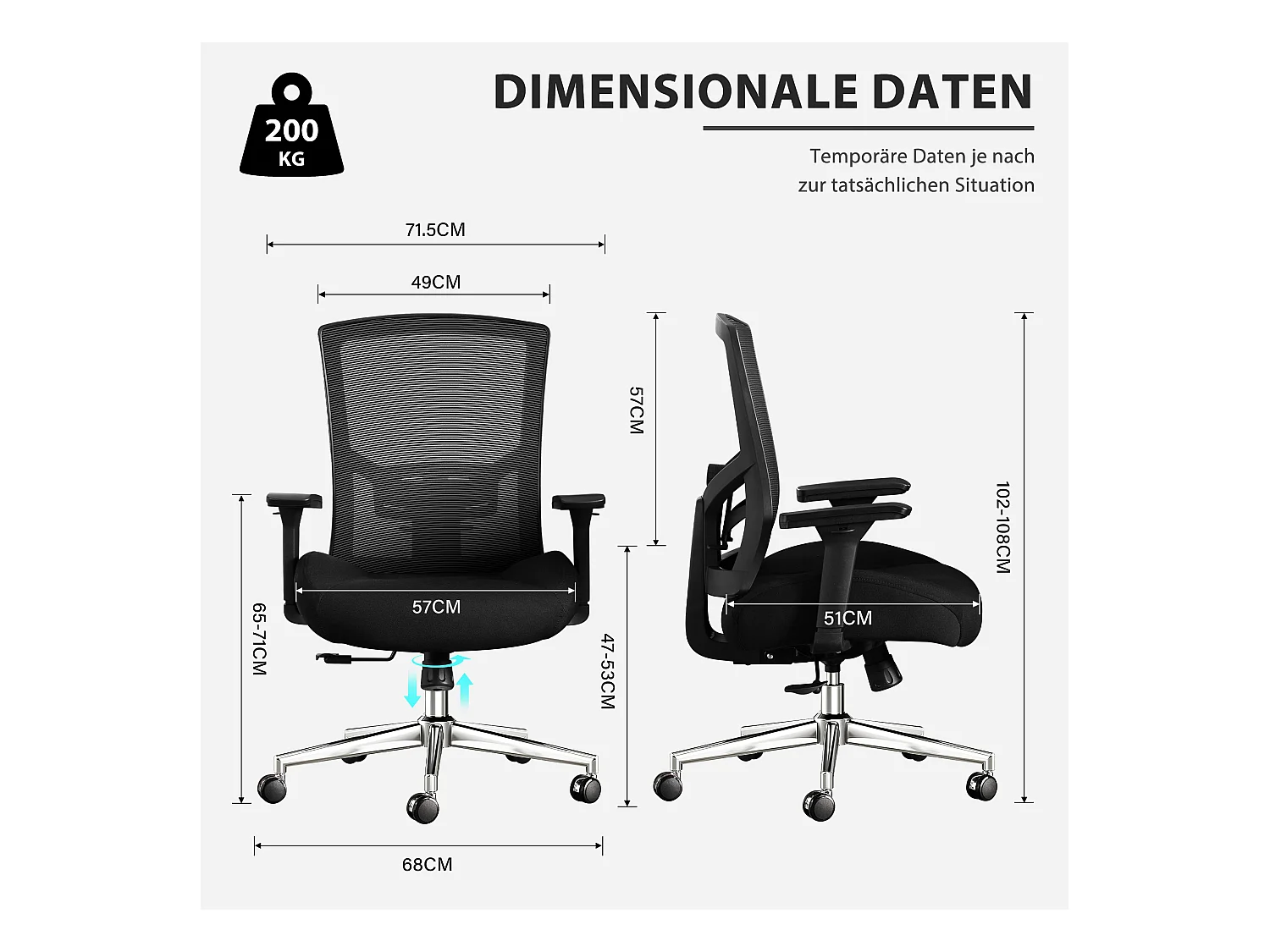 Sedia da ufficio ergonomica, design di alta qualità, similpelle, braccioli 4D, supporto lombare regolabile, nero (51x71,5x108 cm), capacità 200 kg
