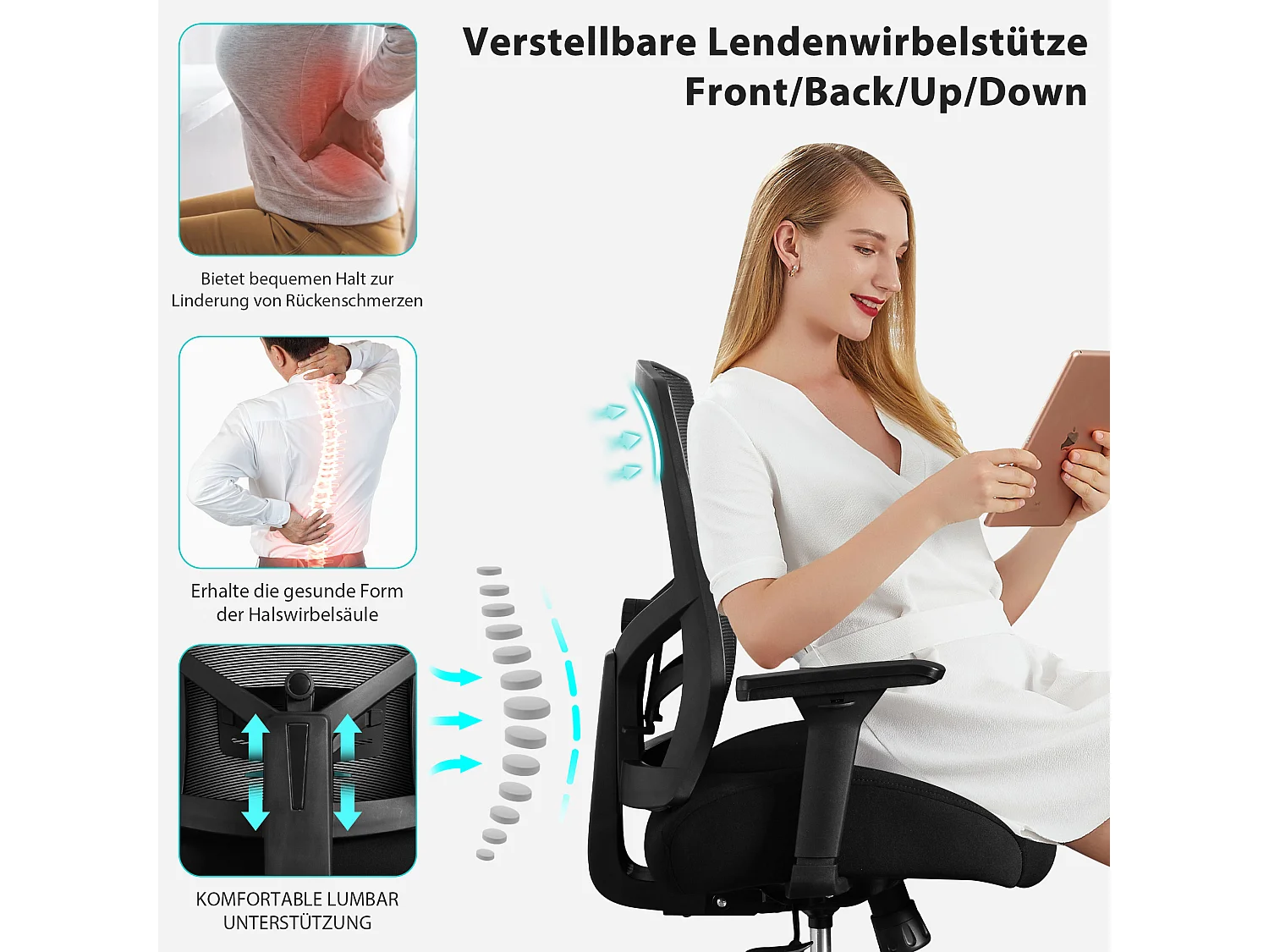 Ergonomische bureaustoel, hoogwaardig design, PU-leer, 4D-armleuningen, verstelbare lendensteun, zwart (51x71,5x108 cm), draagvermogen 200 kg