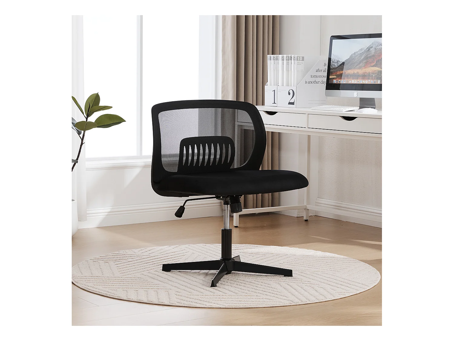 Chaise de Bureau Armless, Fauteuil de Lecture, Tissu Velours, Noir, Réglable en Hauteur (61x55x73-85 cm)