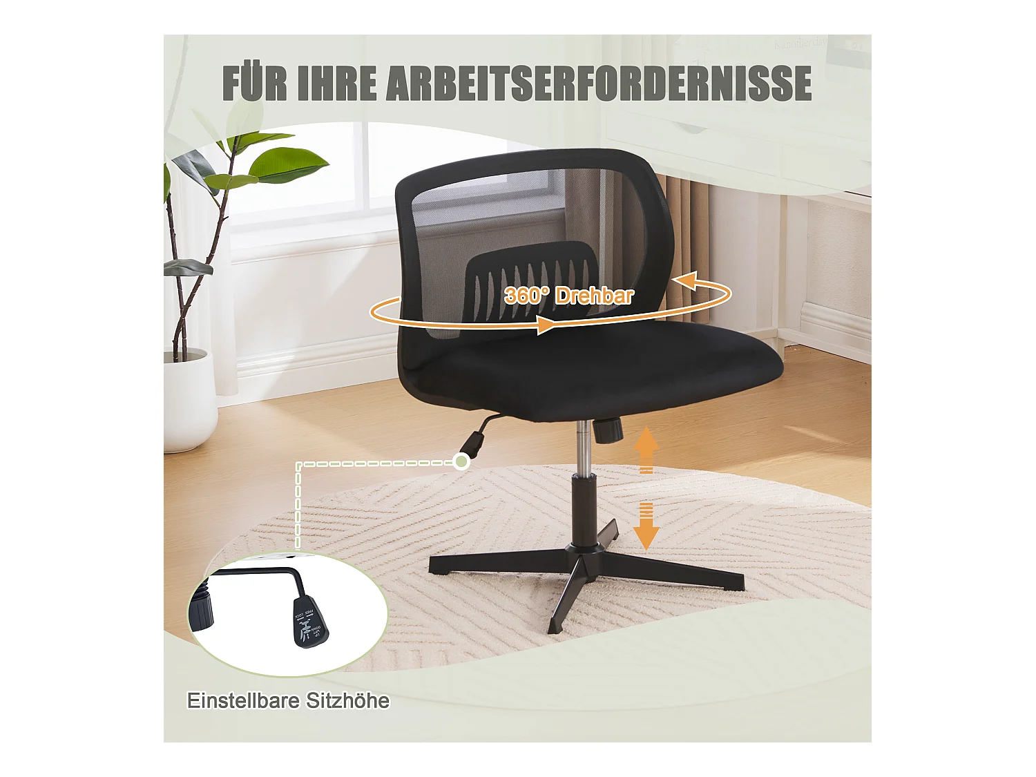 Chaise de Bureau Armless, Fauteuil de Lecture, Tissu Velours, Noir, Réglable en Hauteur (61x55x73-85 cm)