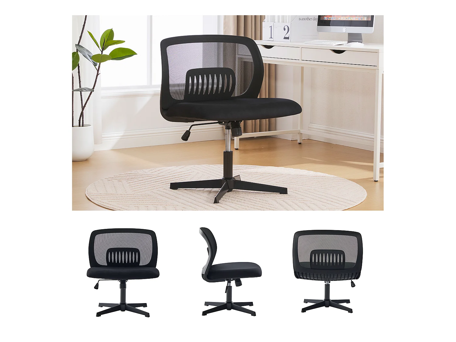 Chaise de Bureau Armless, Fauteuil de Lecture, Tissu Velours, Noir, Réglable en Hauteur (61x55x73-85 cm)