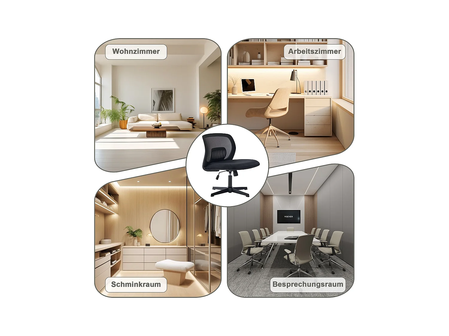 Chaise de Bureau Armless, Fauteuil de Lecture, Tissu Velours, Noir, Réglable en Hauteur (61x55x73-85 cm)