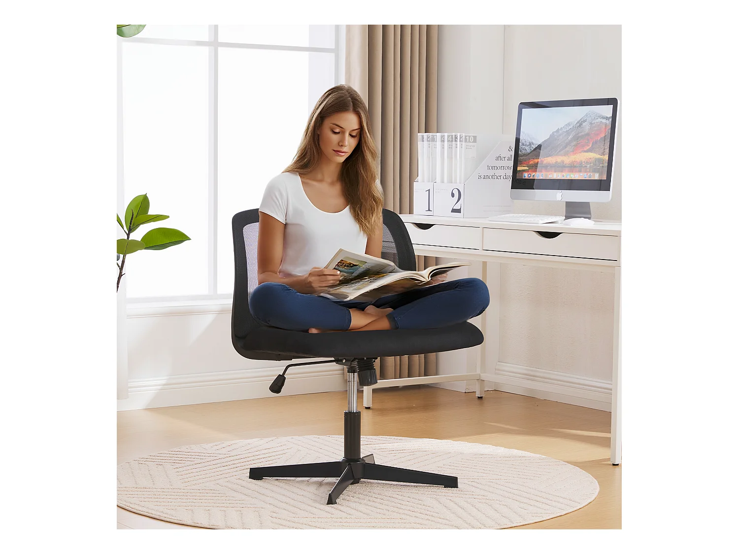 Chaise de Bureau Armless, Fauteuil de Lecture, Tissu Velours, Noir, Réglable en Hauteur (61x55x73-85 cm)