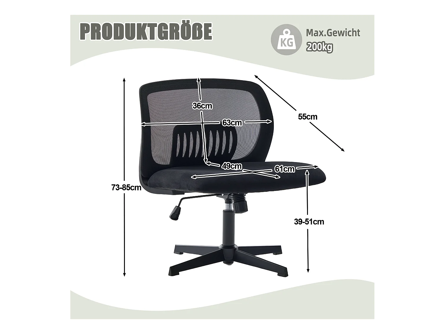 Chaise de Bureau Armless, Fauteuil de Lecture, Tissu Velours, Noir, Réglable en Hauteur (61x55x73-85 cm)