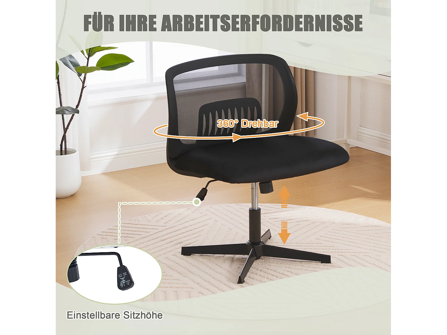 Bureaustoel zonder armleuningen, leesstoel, fluwelen stof, zwart, in hoogte verstelbaar (61x55x73-85 cm)