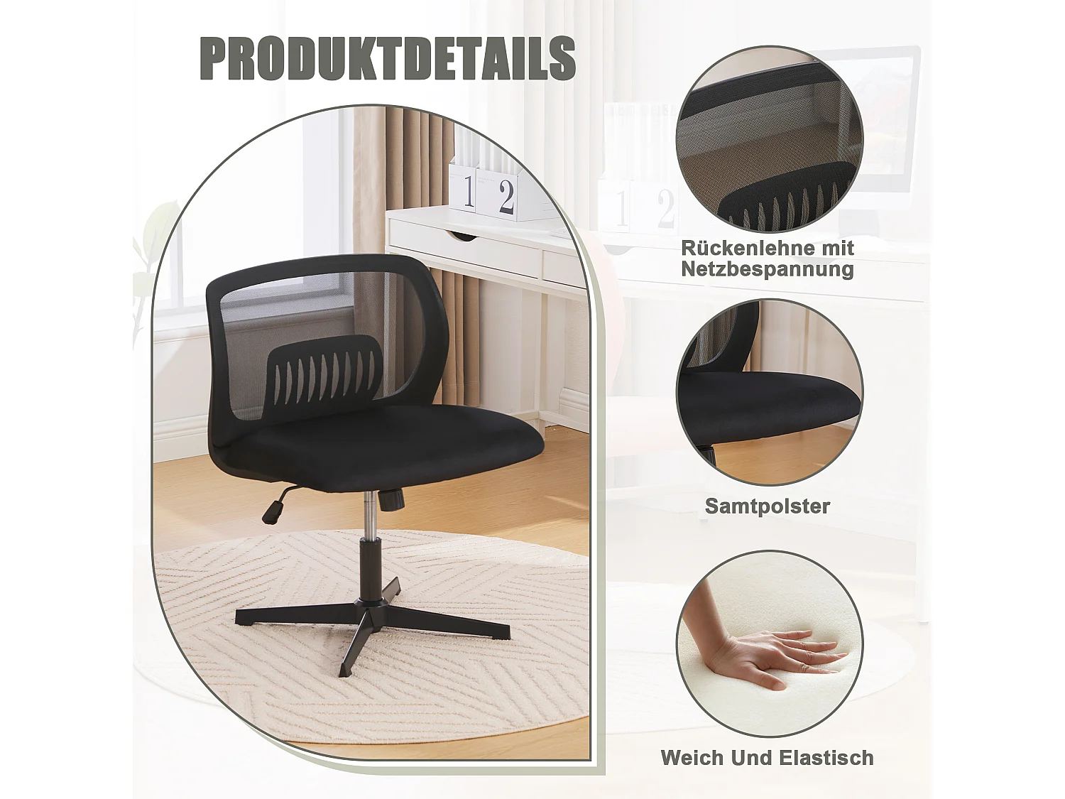 Bureaustoel zonder armleuningen, leesstoel, fluwelen stof, zwart, in hoogte verstelbaar (61x55x73-85 cm)