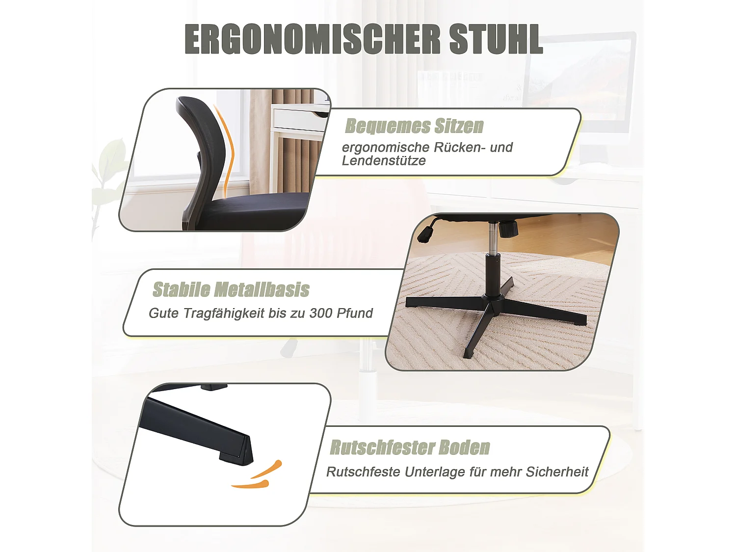 Bureaustoel zonder armleuningen, leesstoel, fluwelen stof, zwart, in hoogte verstelbaar (61x55x73-85 cm)