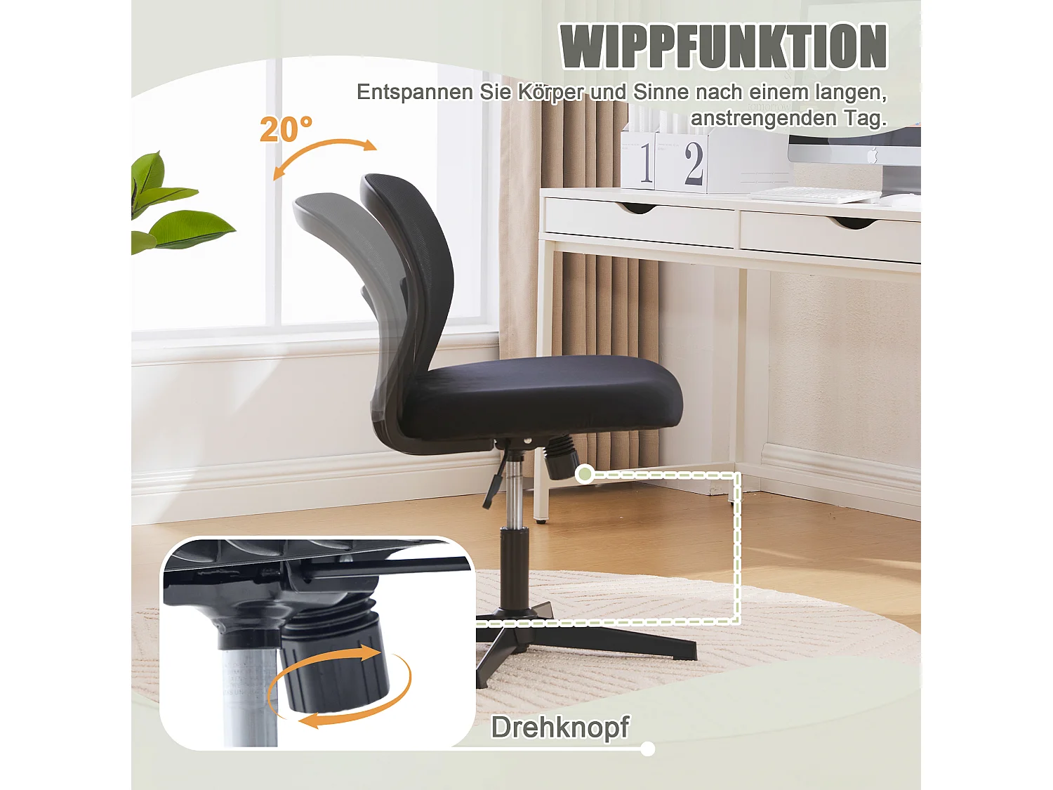 Bureaustoel zonder armleuningen, leesstoel, fluwelen stof, zwart, in hoogte verstelbaar (61x55x73-85 cm)