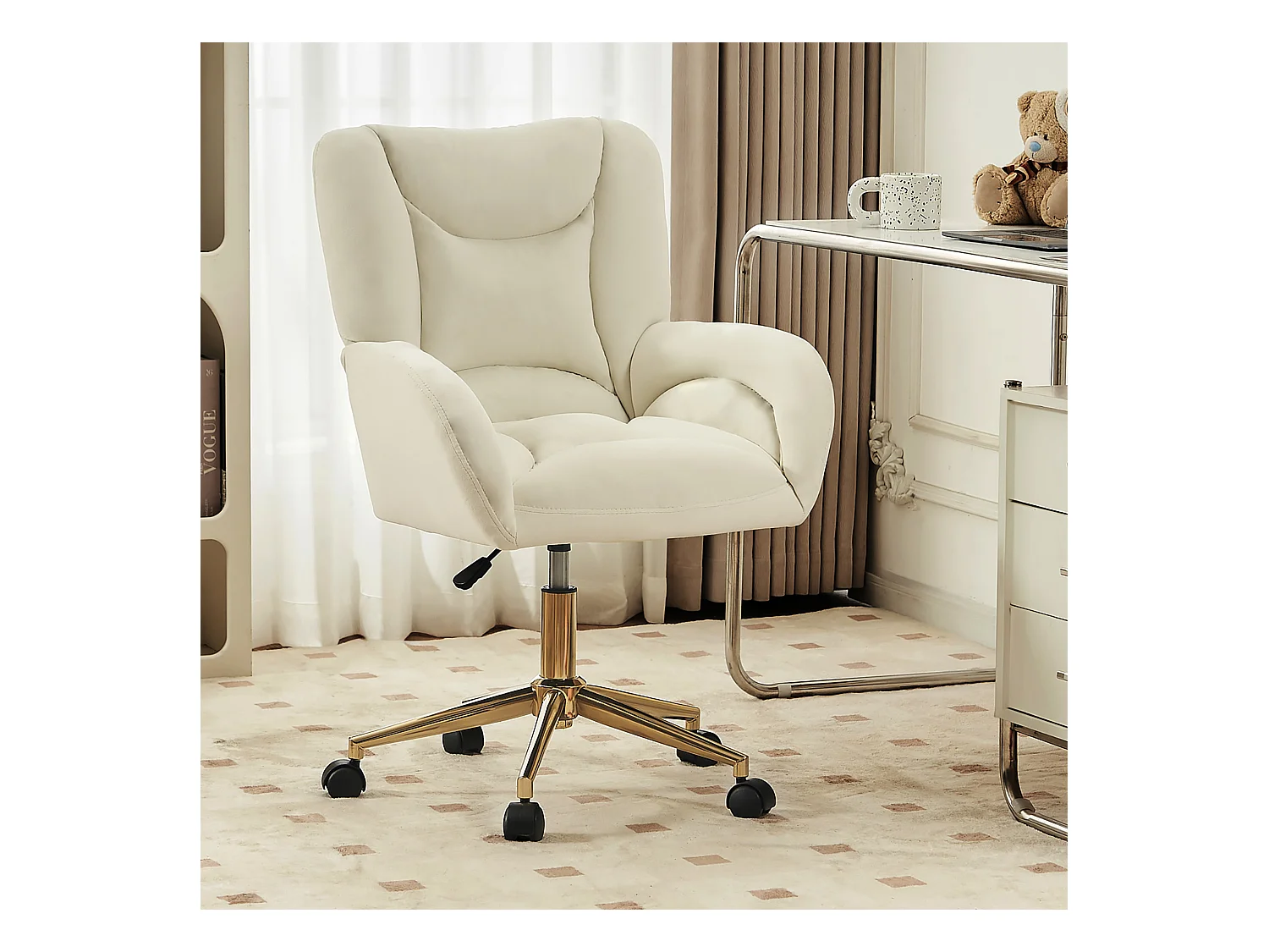 Chaise Pivotante en Velours, Base Dorée Ajustable, Hauteur Réglable, Rembourrage Mousse, Design Moderne, Couleur Ivoire (64x62x92.5 cm)