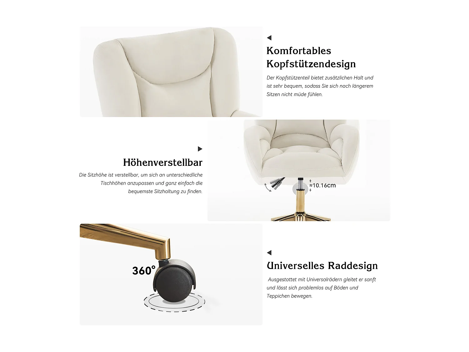 Chaise Pivotante en Velours, Base Dorée Ajustable, Hauteur Réglable, Rembourrage Mousse, Design Moderne, Couleur Ivoire (64x62x92.5 cm)