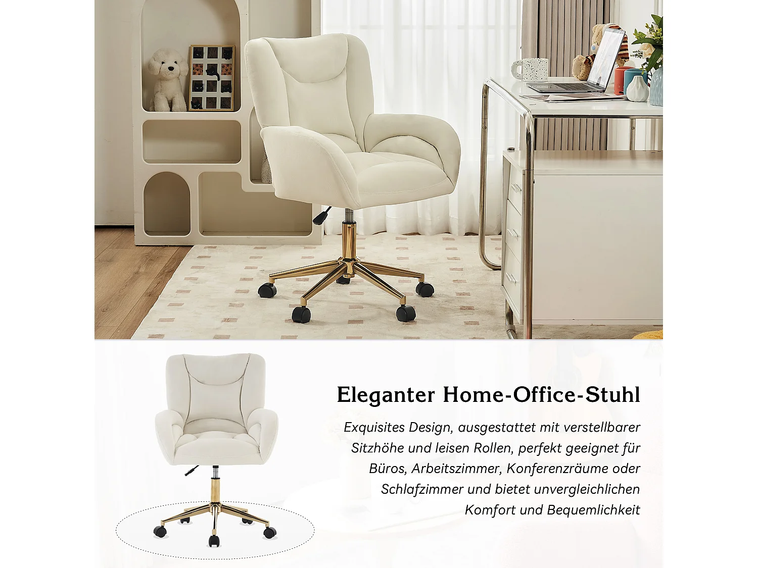 Chaise Pivotante en Velours, Base Dorée Ajustable, Hauteur Réglable, Rembourrage Mousse, Design Moderne, Couleur Ivoire (64x62x92.5 cm)