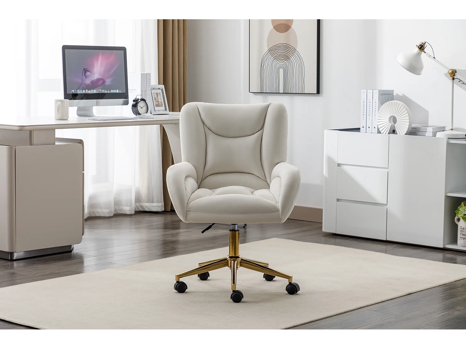 Chaise Pivotante en Velours, Base Dorée Ajustable, Hauteur Réglable, Rembourrage Mousse, Design Moderne, Couleur Ivoire (64x62x92.5 cm)