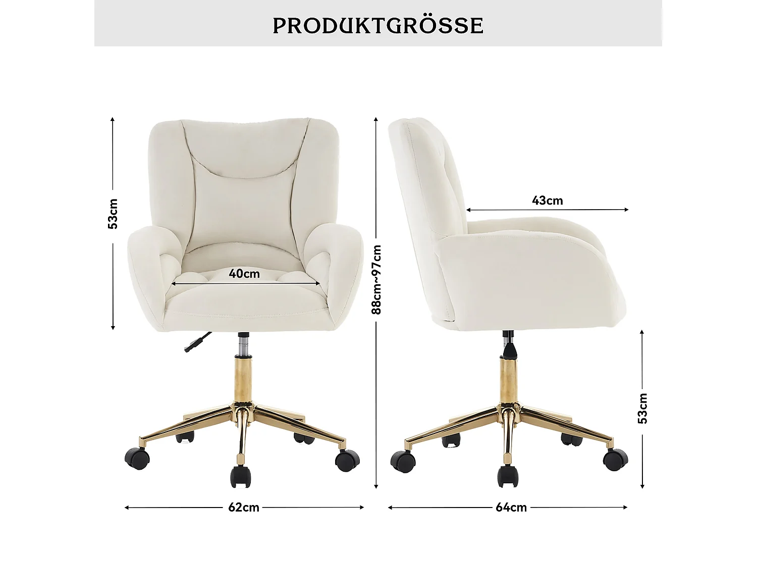 Chaise Pivotante en Velours, Base Dorée Ajustable, Hauteur Réglable, Rembourrage Mousse, Design Moderne, Couleur Ivoire (64x62x92.5 cm)