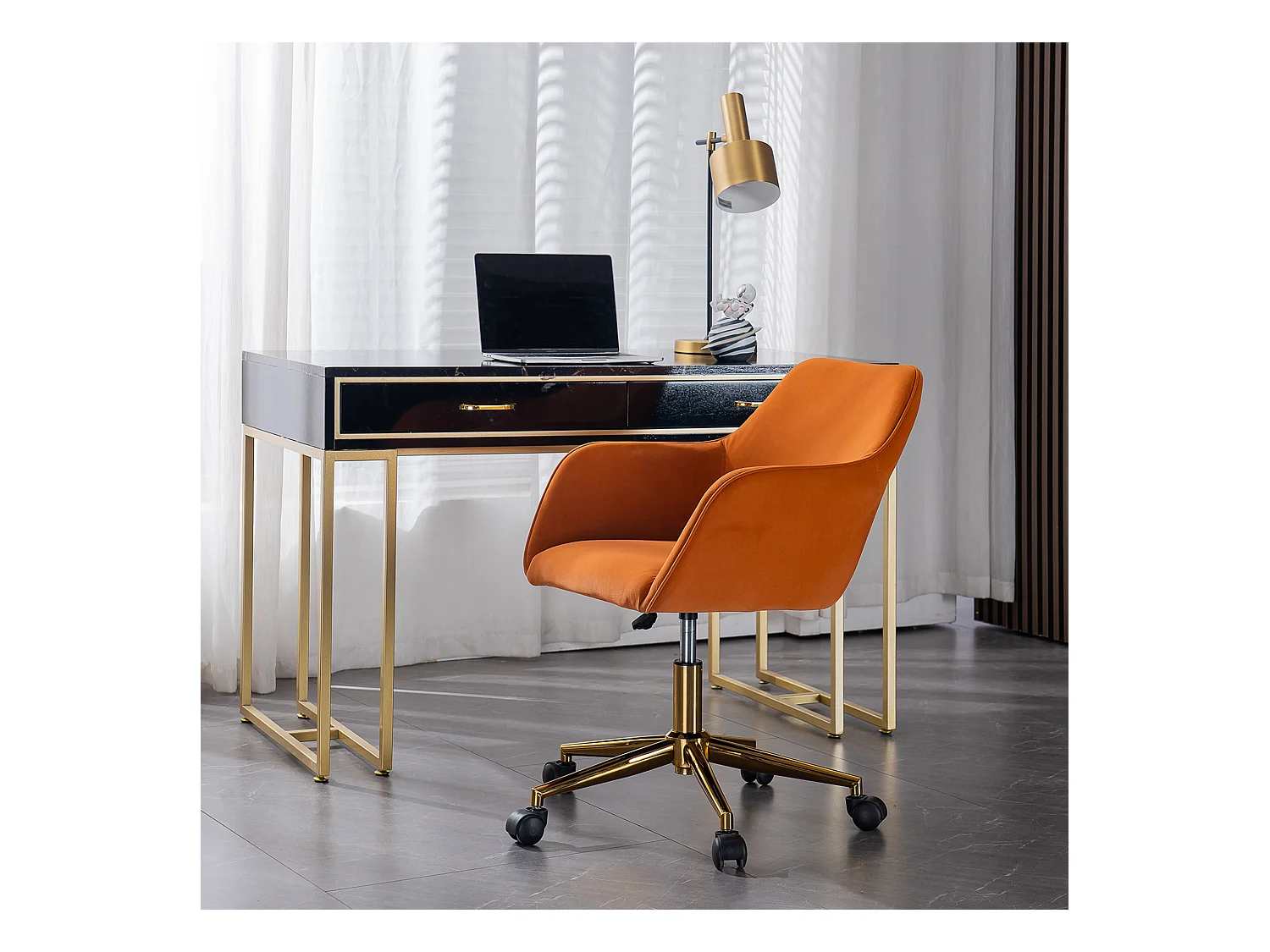 Chaise de bureau pivotante, hauteur réglable, velours, base dorée, orange (58x58x86 cm)