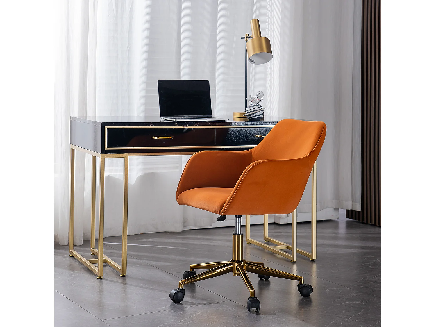 Chaise de bureau pivotante, hauteur réglable, velours, base dorée, orange (58x58x86 cm)