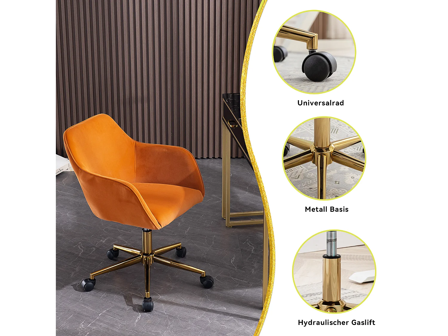 Chaise de bureau pivotante, hauteur réglable, velours, base dorée, orange (58x58x86 cm)