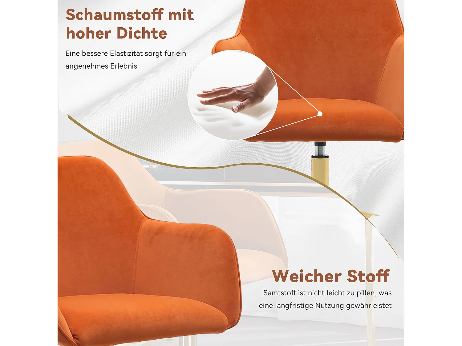 Chaise de bureau pivotante, hauteur réglable, velours, base dorée, orange (58x58x86 cm)