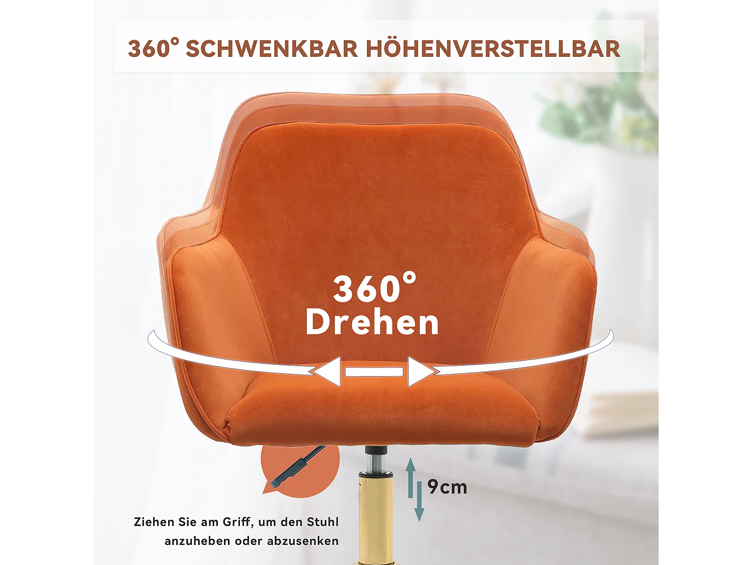 Chaise de bureau pivotante, hauteur réglable, velours, base dorée, orange (58x58x86 cm)