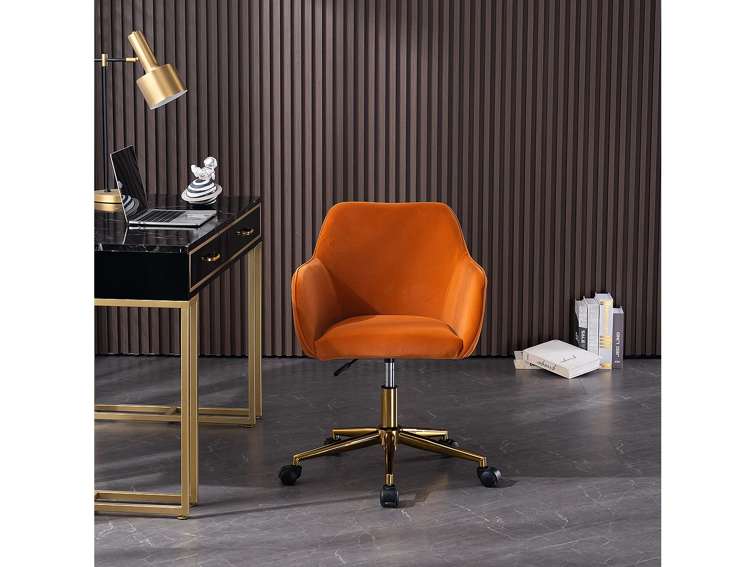 Chaise de bureau pivotante, hauteur réglable, velours, base dorée, orange (58x58x86 cm)