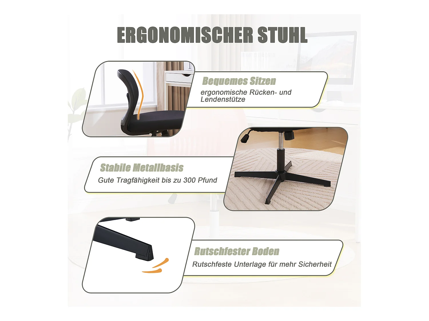 Chaise de Bureau Armless, Fauteuil de Lecture, Tissu Mesh, Réglable en Hauteur, Noir (61x55x73-85 cm)