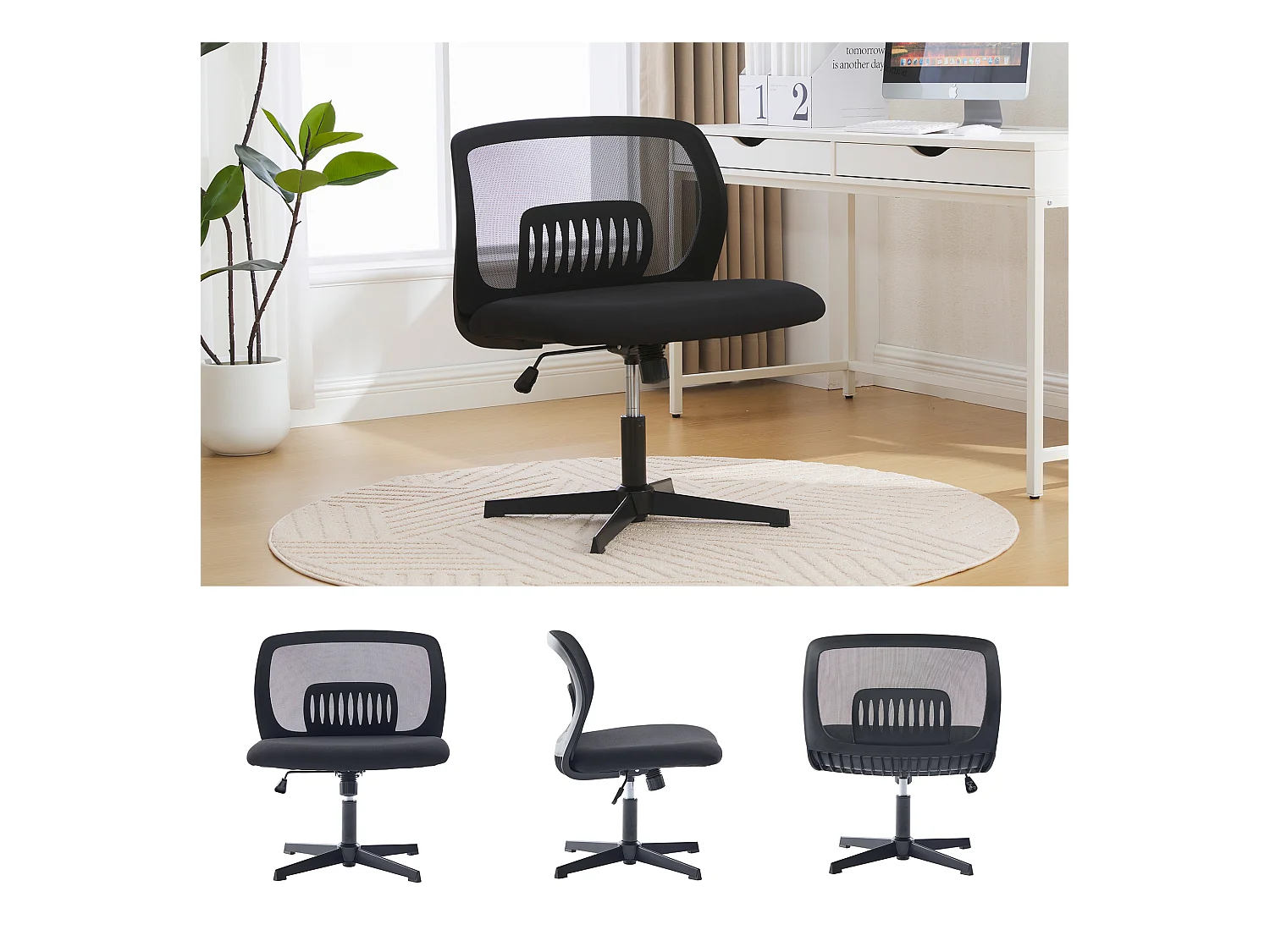 Chaise de Bureau Armless, Fauteuil de Lecture, Tissu Mesh, Réglable en Hauteur, Noir (61x55x73-85 cm)