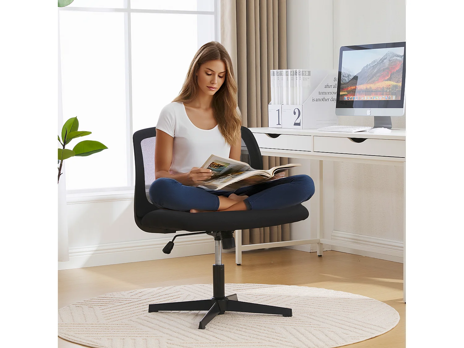 Chaise de Bureau Armless, Fauteuil de Lecture, Tissu Mesh, Réglable en Hauteur, Noir (61x55x73-85 cm)