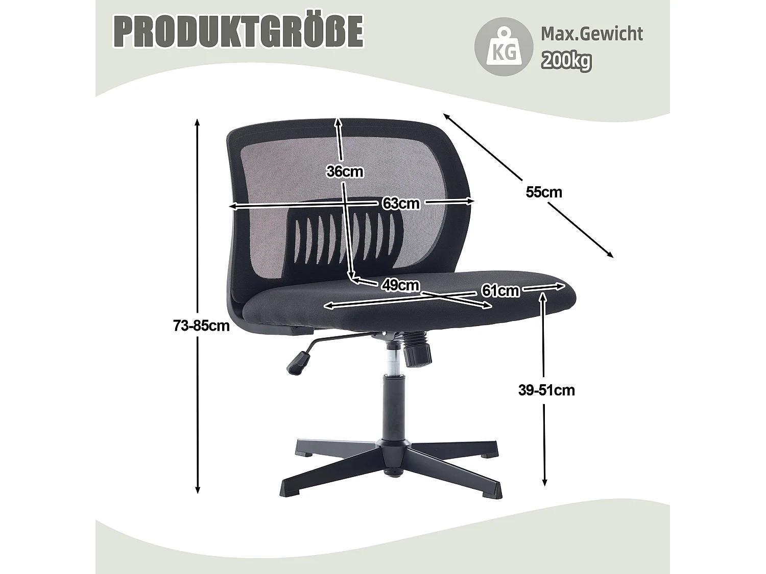 Chaise de Bureau Armless, Fauteuil de Lecture, Tissu Mesh, Réglable en Hauteur, Noir (61x55x73-85 cm)