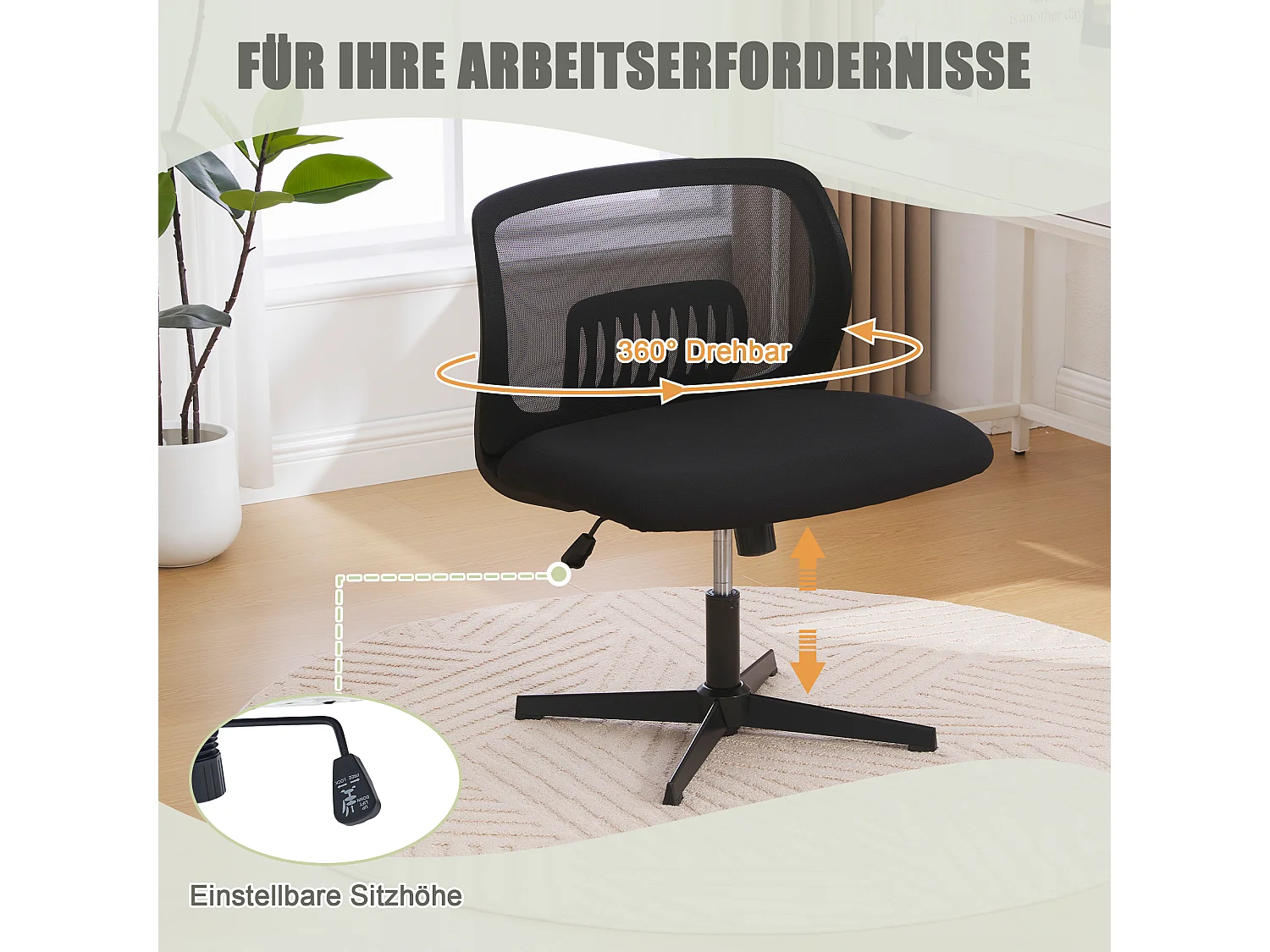 Bureaustoel zonder armleuningen, leesstoel, netstof, in hoogte verstelbaar, zwart (61x55x73-85 cm)