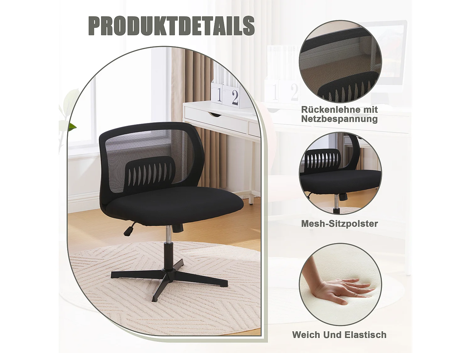 Bureaustoel zonder armleuningen, leesstoel, netstof, in hoogte verstelbaar, zwart (61x55x73-85 cm)