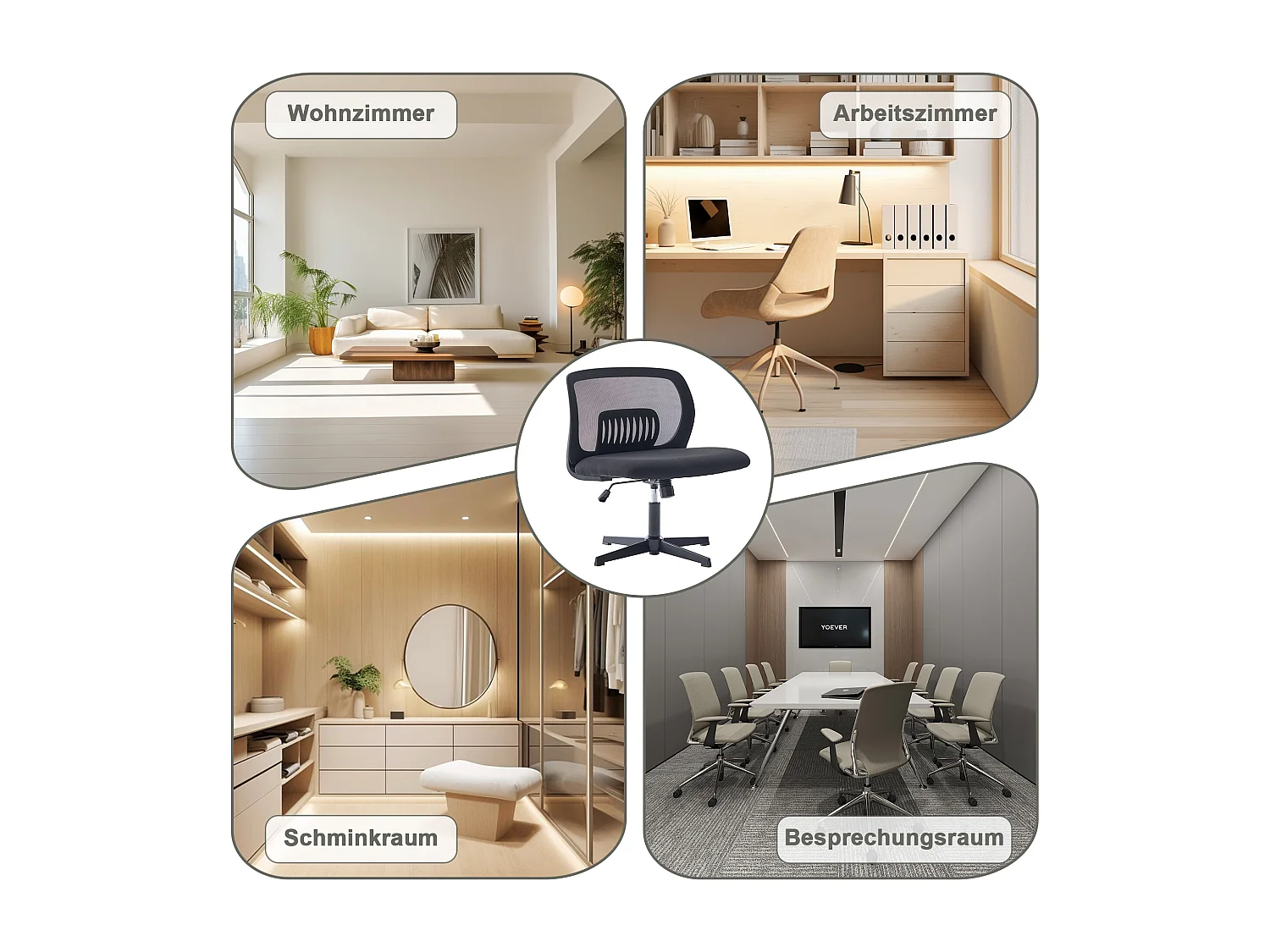 Bureaustoel zonder armleuningen, leesstoel, netstof, in hoogte verstelbaar, zwart (61x55x73-85 cm)