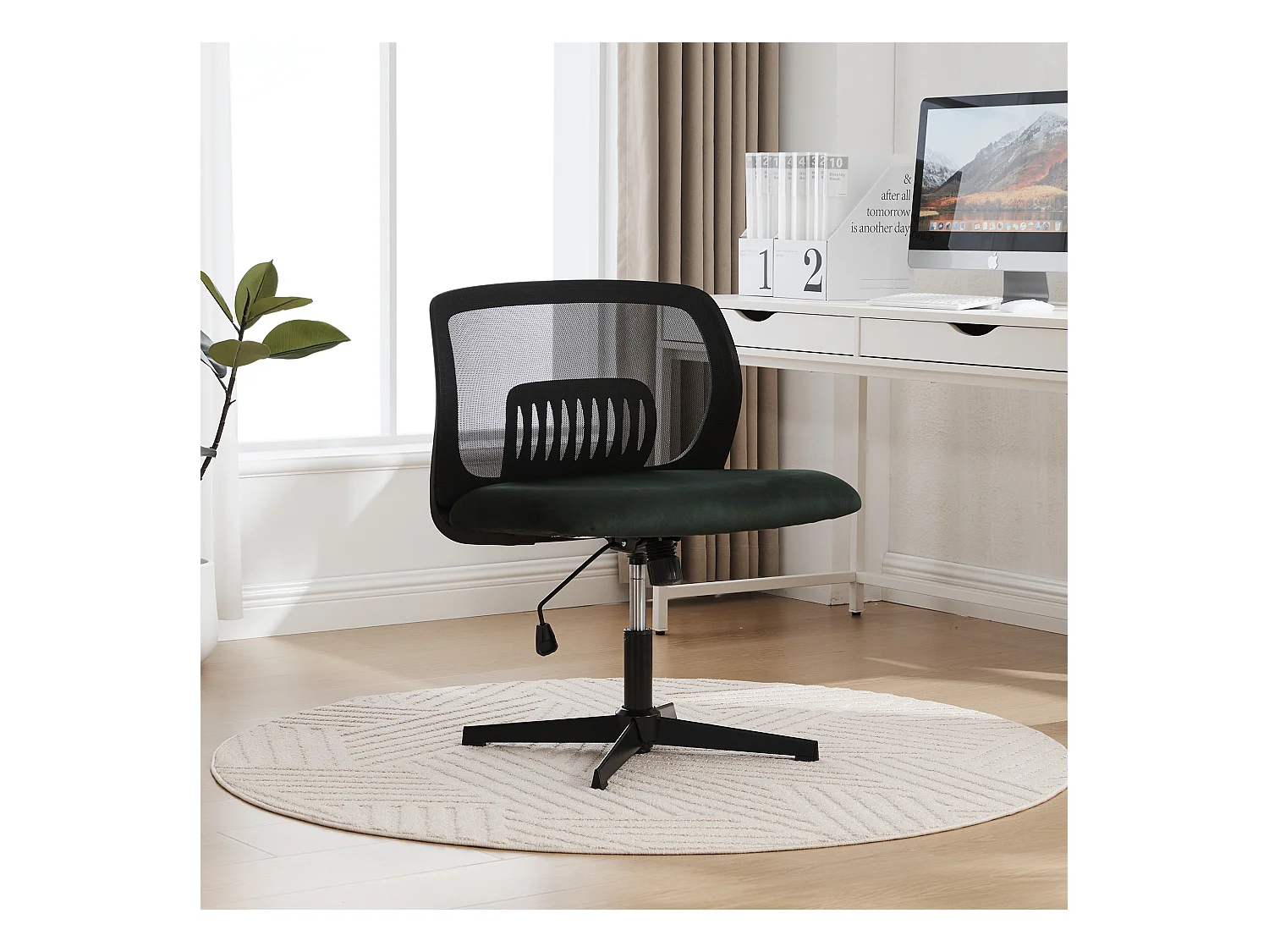 Chaise de Bureau Armless, Fauteuil de Lecture, Velours, Vert, Réglable en Hauteur (61x55x73-85 cm)