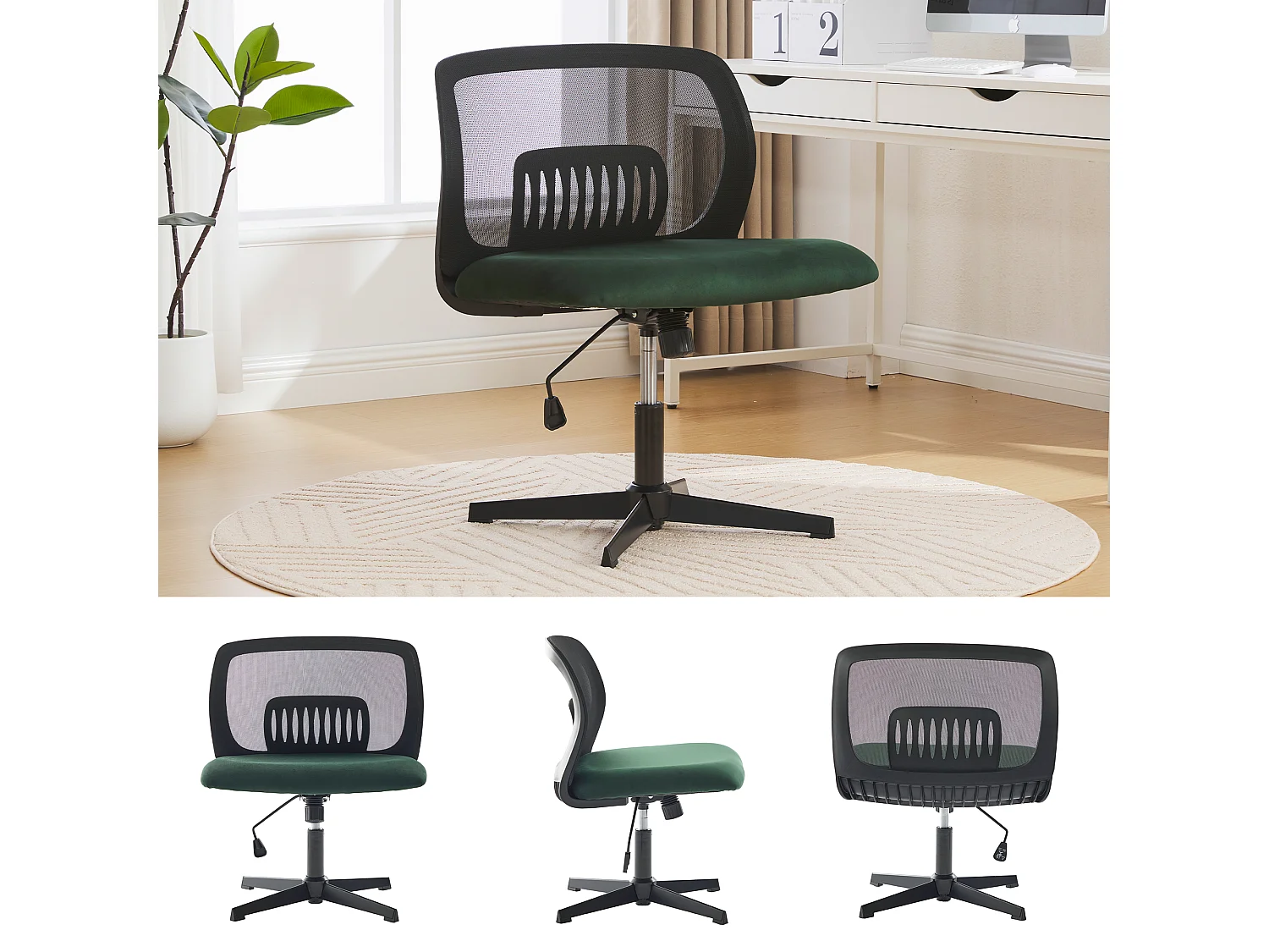 Chaise de Bureau Armless, Fauteuil de Lecture, Velours, Vert, Réglable en Hauteur (61x55x73-85 cm)