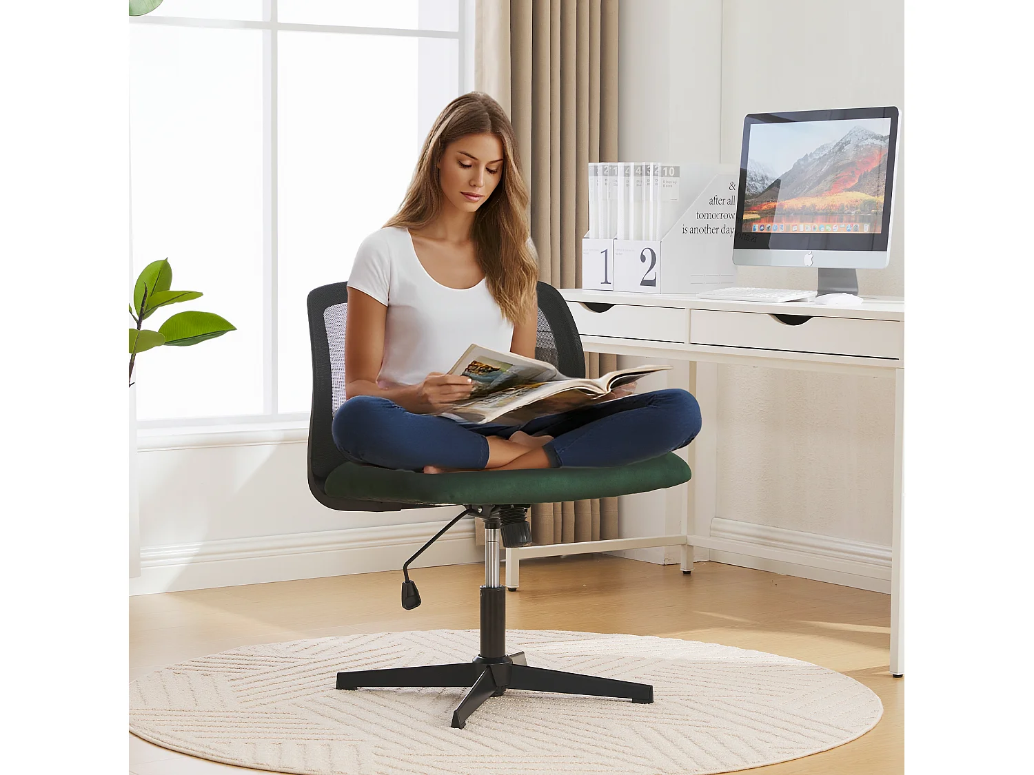 Chaise de Bureau Armless, Fauteuil de Lecture, Velours, Vert, Réglable en Hauteur (61x55x73-85 cm)