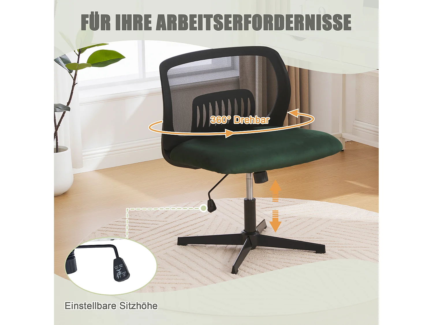 Silla de oficina sin brazos, silla de lectura, terciopelo, verde, altura ajustable (61 x 55 x 73-85 cm)