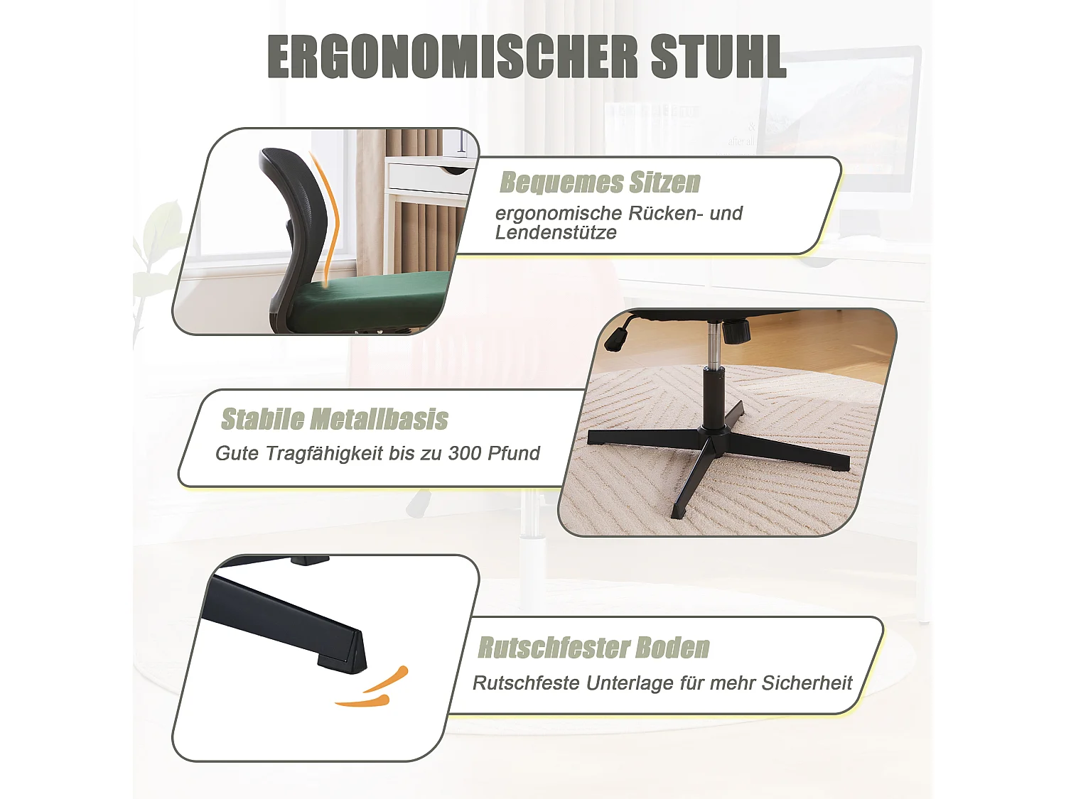 Silla de oficina sin brazos, silla de lectura, terciopelo, verde, altura ajustable (61 x 55 x 73-85 cm)