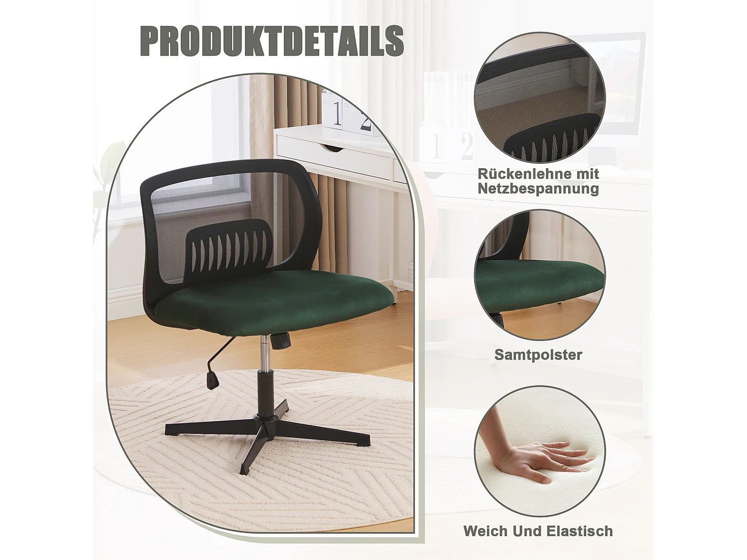 Silla de oficina sin brazos, silla de lectura, terciopelo, verde, altura ajustable (61 x 55 x 73-85 cm)