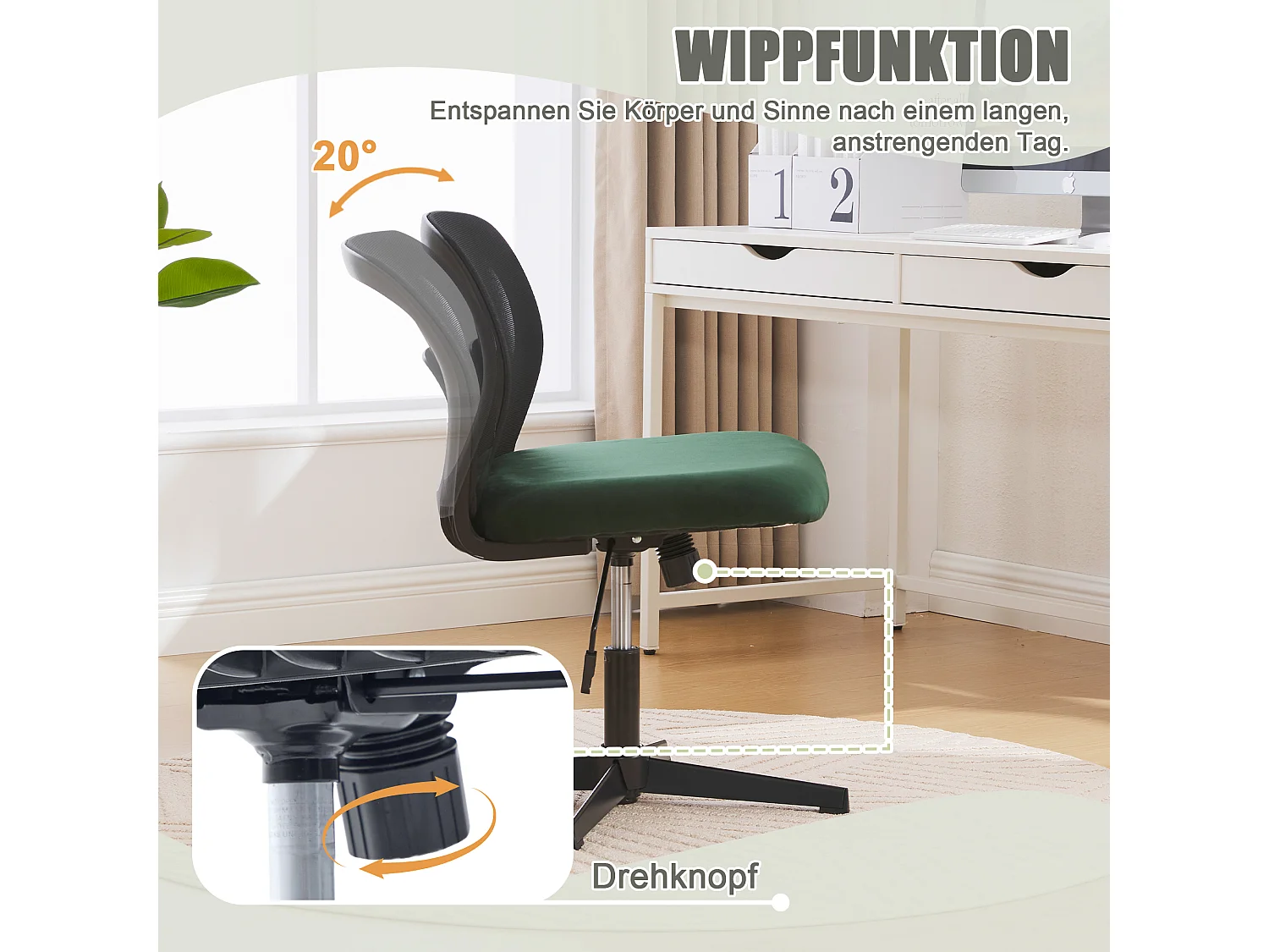 Silla de oficina sin brazos, silla de lectura, terciopelo, verde, altura ajustable (61 x 55 x 73-85 cm)