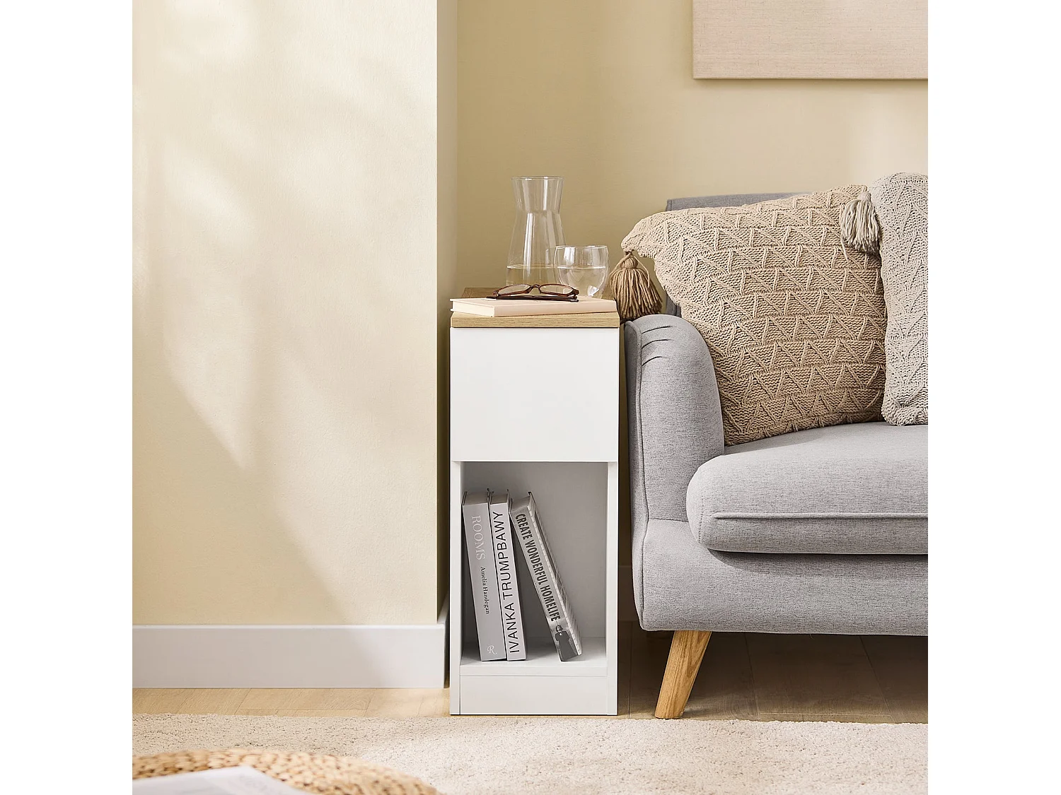 SoBuy FBT162-WN - Table de chevet moderne avec 3 étagères Blanc/Bois L65cm x L25cm x H60cm