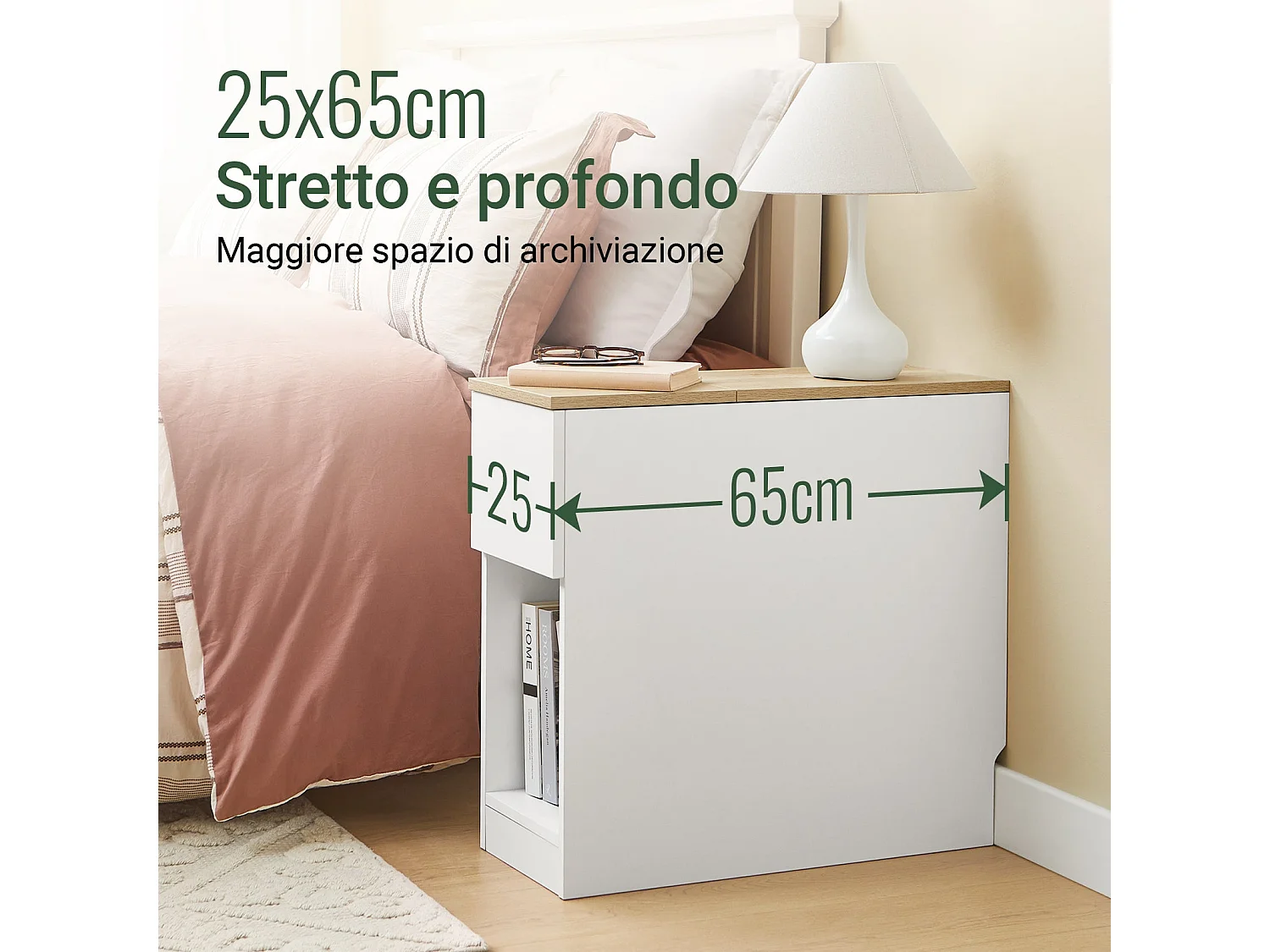 SoBuy FBT162-WN - Table de chevet moderne avec 3 étagères Blanc/Bois L65cm x L25cm x H60cm