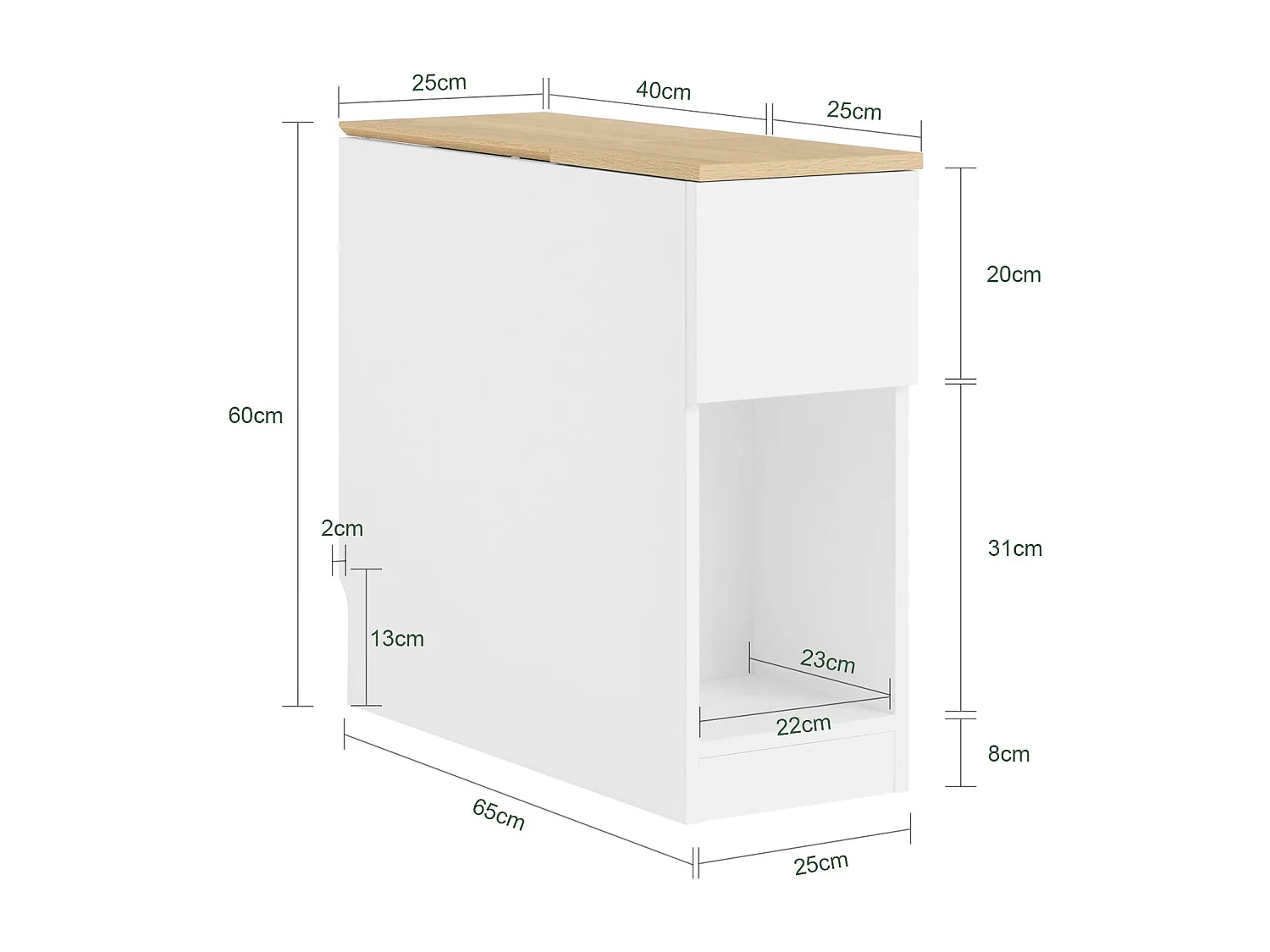 SoBuy FBT162-WN - Table de chevet moderne avec 3 étagères Blanc/Bois L65cm x L25cm x H60cm